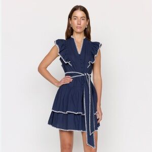 NWT XS Christy Lynn Uma Navy Ruffle Mini Dress with White Trim bow tie